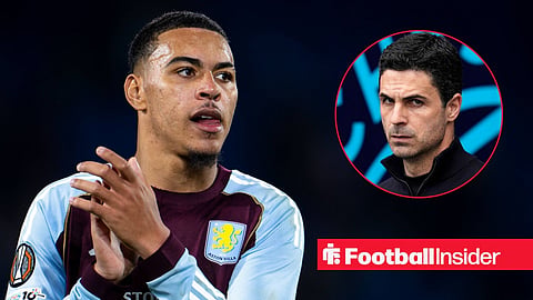 Morgan Rogers clapping fans facing right inset Mikel Arteta who stares upwards in tunnel