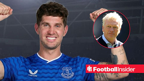 John Stones celebrating with arms raised in edited Everton shirt and David Moyes smiling at him right inset