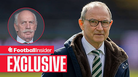 Celtic manager Martin O'Neill smiles with owner Dermot Desmond inset