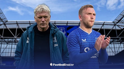 David Moyes and Jarrod Bowen, in an Everton shirt, standing together at the Hill Dickinson Stadium