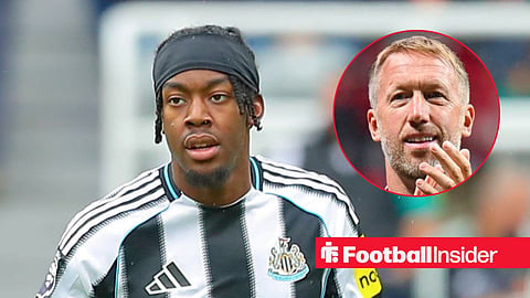 Main image of Anthony Elanga looking on as he plays for Newcastle United and Sweden manager Graham Potter's face in a circular inset on the right