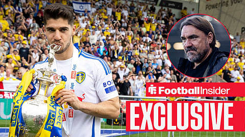 Manor Solomon celebrates as Leeds United are promoted to the Premier League after beating Plymouth Argyle during the Sky Bet Championship match at Home Park, Plymouth / Leeds United manager Daniel Farke looks on at Elland Road
