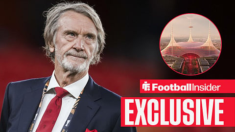 Sir Jim Ratcliffe looks on during the award ceremony following the UEFA Europa League final football match between Tottenham Hotspur FC and Manchester United FC / General view of an AI-generated version of Man United's stadium plans