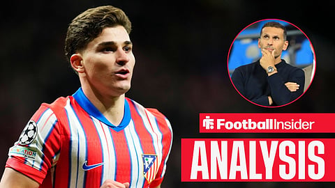 Julian Alvarez features for Atletico Madrid during the 2025-26 campaign / Manchester City versus Napoli Manchester City chairman Khaldoon Al Mubarak speaks with CEO Ferran Soriano