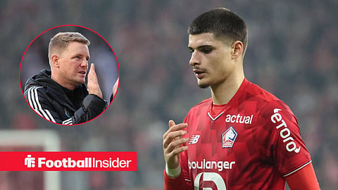 Matias Fernandez-Pardo looking downwards in action with Eddie Howe clapping fans left inset