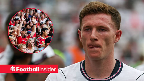 England midfielder Elliot Anderson with Premier League fans inset