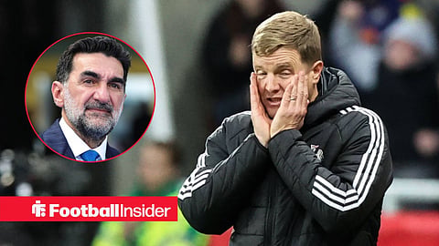 Eddie Howe with hands to face looking concerned on sideline and Yasir Al Rumayyan left inset in suit looking past camera