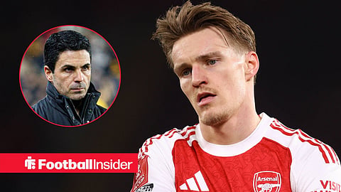 Martin Odegaard in action looking annoyed at Mikel Arteta left inset staring from sideline