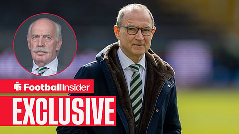 Football Insider exclusive as Celtic manager Martin O'Neill stares concernedly towards owner Dermot Desmond, who watches from a circular inset.