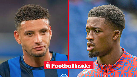 Split image of Atalanta defender Ben Godfrey clapping supporters and Emmanuel Fernandez warming up before a Rangers game