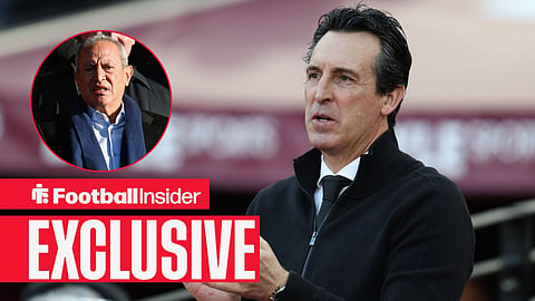Football Insider exclusive as Aston Villa manager Unai Emery stares concernedly towards owner Nassef Sawiris, who watches from a circular inset.
