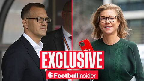 Football Insider exclusive as West Ham investor Daniel Kretinsky stares across a split image towards Amanda Staveley.