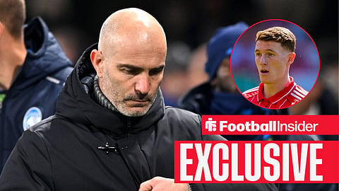 Football Insider exclusive as Enzo Maresca stares at the floor after a game, while Elliot Anderson is in action in a circular inset.
