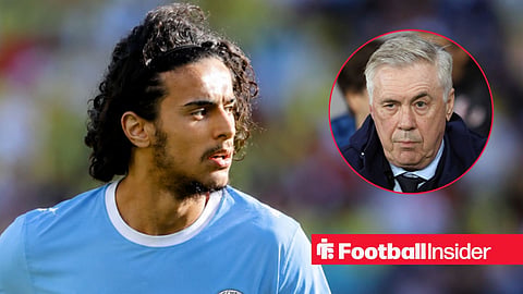 Lille's Ayyoub Bouaddi featuring in a Manchester City home shirt / Former Real Madrid manager Carlo Ancelotti raises his eyebrow on the sidelines