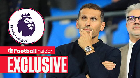Football Insider exclusive as Man City chairman Khaldoon Al Mubarak has his hand on his mouth, while the Premier League logo features in a circular inset.