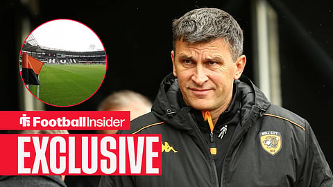 Football Insider exclusive as Hull manager Sergej Jakirovic stands in the dugout, while the club's MKM Stadium features in a circular inset.