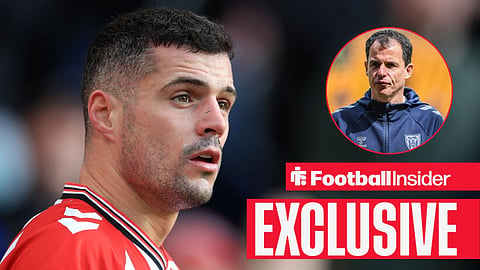 Football Insider exclusive as Sunderland midfielder Granit Xhaka stares towards manager Regis Le Bris, who looks concerned in a circular inset.