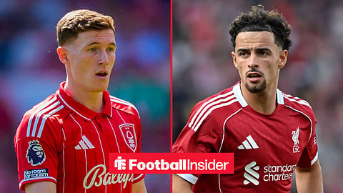 Nottingham Forest midfielder Elliot Anderson and Liverpool midfielder Curtis Jones inset