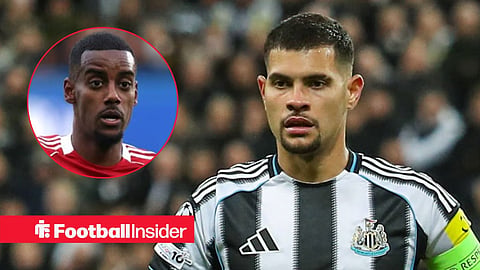 Bruno Guimaraes in action for Newcastle, with Alexander Isak in a circular inset