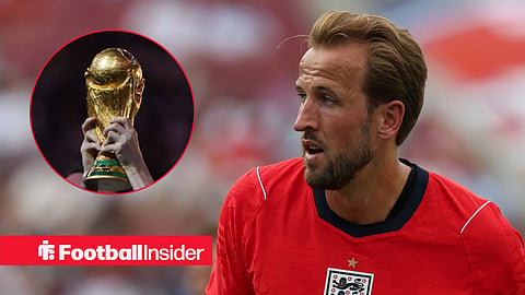 England captain Harry Kane at the World Cup with the trophy inset