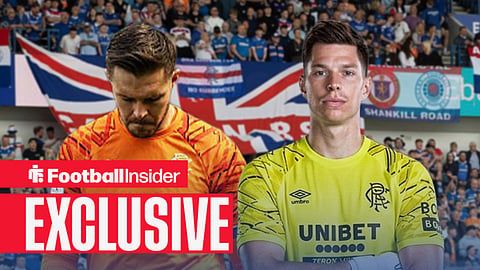Jack Butland stares at the floor at Ibrox, while Ivor Pandur wears a Rangers shirt next to him.