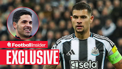 Newcastle United midfielder Bruno Guimaraes with Arsenal manager Mikel Arteta smiling inset