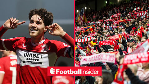 Hayden Hackney celebrating on left in Middlesbrough kit and Liverpool fans in stand on right
