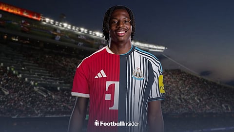 Freiburg midfielder Johan Manzambi in a half/half Newcastle and Bayern Munich shirt
