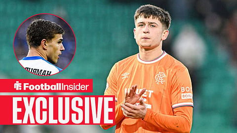 Football Insider exclusive as Tottenham starlet Mikey Moore applauds after a game for Rangers, while Luka Vuskovic stares across from a circular inset.