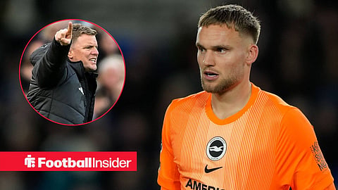 Brighton & Hove Albion manager goalkeeper Bart Verbruggen 1 during the Premier League match between Brighton and Hove Albion and Aston Villa at the American Express Stadium, Brighton and Hove, England on 3 December 2025 / Newcastle United manager Eddie Howe shouting from the sidelines