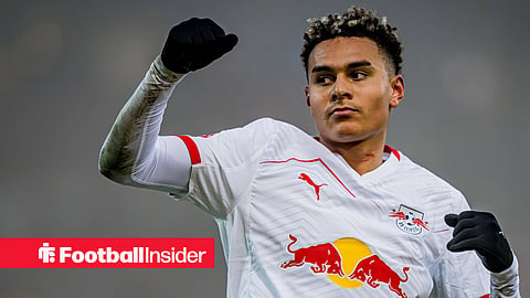 Antonio Nusa celebrating in RB Leipzig's home kit
