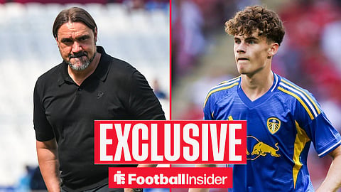 Football Insider exclusive as Leeds manager Daniel Farke stares across a split image towards young striker Harry Gray.