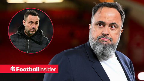 Nottingham Forest owner Evangelos Marinakis at the City Ground / Tottenham manager Roberto De Zerbi looking on the Tottenham Hotspur Stadium