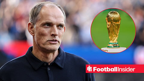 Thomas Tuchel on sideline looking happy at World Cup trophy on podium right inset