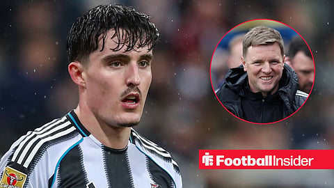 Tino Livramento in action in the rain looking at Eddie Howe who is smiling on sideline right inset