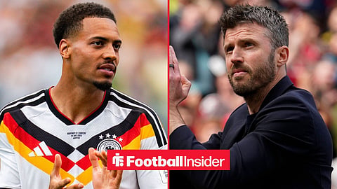 Felix Nmecha in action for Germany left and Michael Carrick clapping fans right