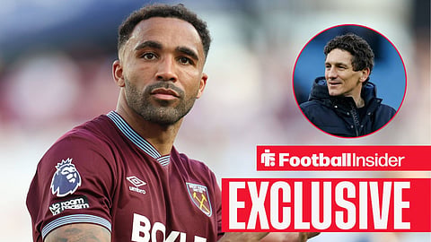 Football Insider exclusive as West Ham striker Callum Wilson stares towards Brentford boss Keith Andrews, who watches from a circular inset.