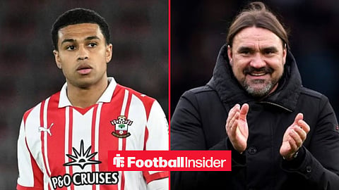 Shea Charles in action for Southampton, with Daniel Farke smiling at Leeds