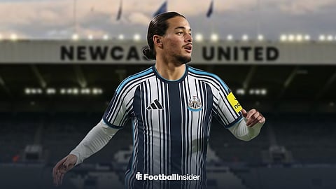 Anis Hadj Moussa in action in Newcastle shirt looking right in front of St James Park sign