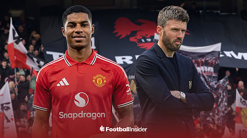 Marcus Rashford looking happy in a Man United shirt, standing next to Michael Carrick at Old Trafford
