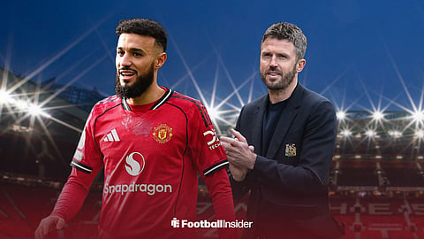 Noussair Mazraoui in action and Michael Carrick clapping looking happy both in front of Old Trafford