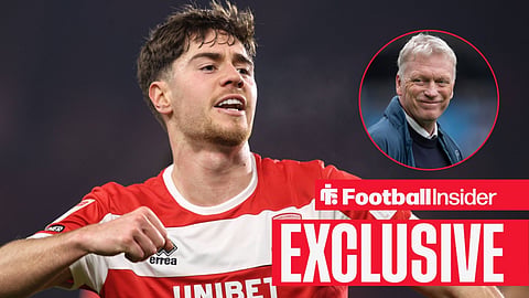 Football Insider exclusive as Middlesbrough midfielder Hayden Hackney punches the air, while Everton manager David Moyes grins in a circular inset.