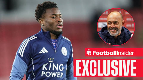 Football Insider exclusive as Leicester winger Abdul Fatawu warms up, while West Ham manager Nuno Espirito Santo smiles in a circular inset.