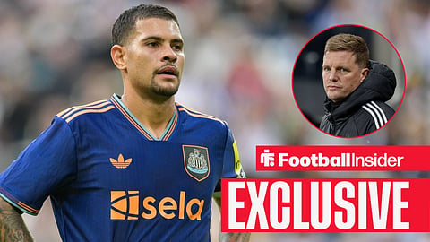 Football Insider exclusive as Newcastle midfielder Bruno Guimaraes has his hands on his hips, while manager Eddie Howe watches from a circular inset.