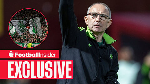 Football Insider exclusive as Martin O'Neill stares towards the Celtic fans, who feature in a circular inset.