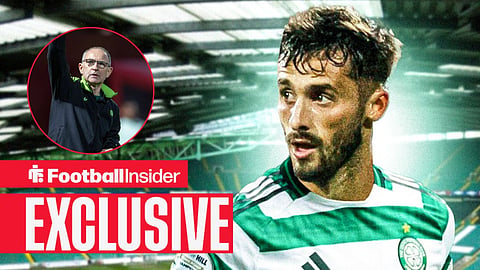 Football Insider exclusive as Celtic defender Marcelo Saracchi stares towards manager Martin O'Neill, who has his arm raised in a circular inset.
