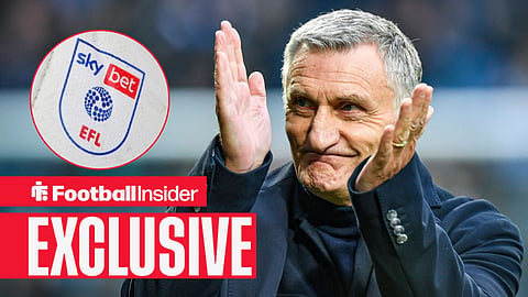 Football Insider exclusive as Blackburn manager Tony Mowbray applauds, while the EFL logo features in a circular inset.