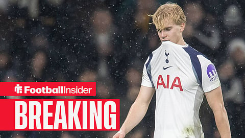 Lucas Bergvall of Tottenham Hotspur has his shirt over his mouth as he is subbed off London Tottenham Hotspur Stadium