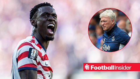United States of America forward Folarin Balogun 20 celebrates after scoring a goal against Bosnia and Herzegovina in round 32 of the IFA World Cup 2026 game at Levi Stadium on Wednesday, July 1, 2026 / Everton manager David Moyes looks on at the Hill Dickinson Stadium