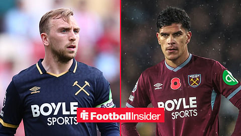 West Ham forward Jarrod Bowen with Tottenham midfielder Mateus Fernandes inset